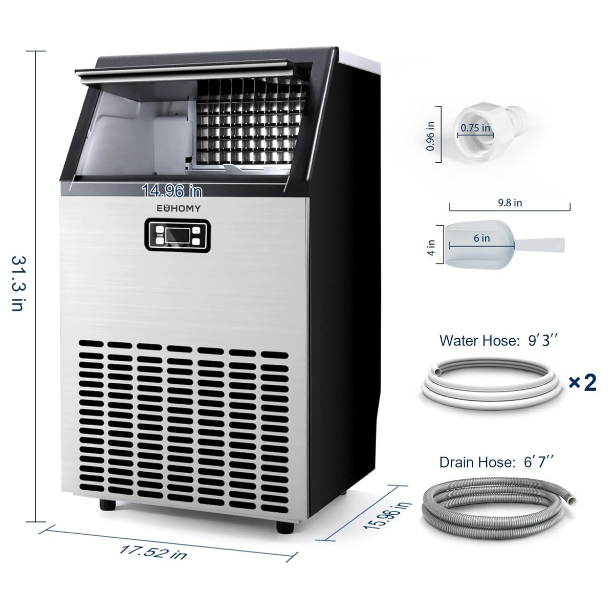 EUHOMY Commercial Ice Maker Machine, 150lbs/24H Stainless Steel Under Counter ice Machine with 33lbs Ice Storage Capacity, Freestanding Ice Maker.