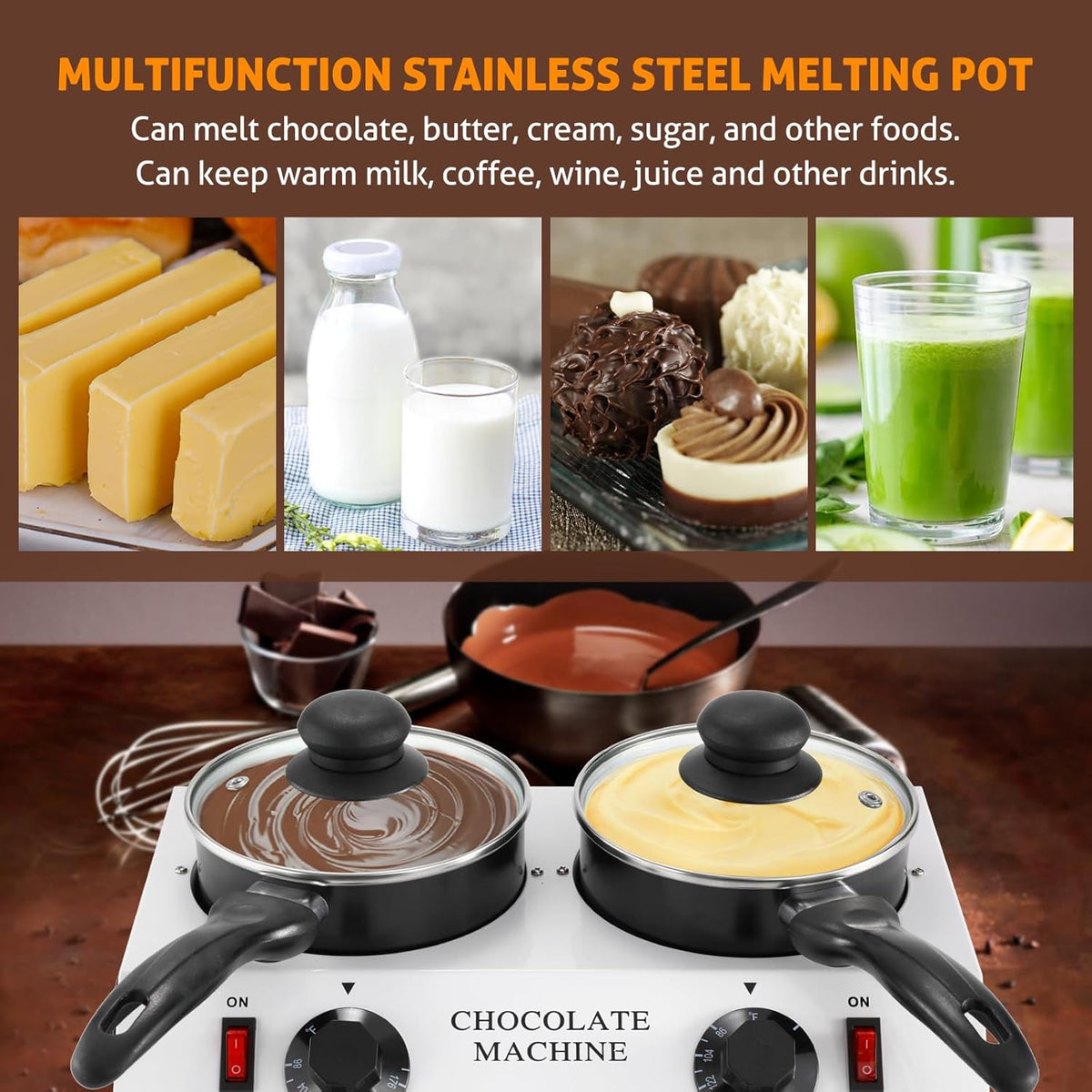 WICHEMI Chocolate Melting Pot Chocolate Warmer Chocolate Melter Chocolate Tempering Machine Pot for Home, Commercial Electric Melting for Chocolate, Butter, Cheese, Cream, Candy, Milk (Double Pots)