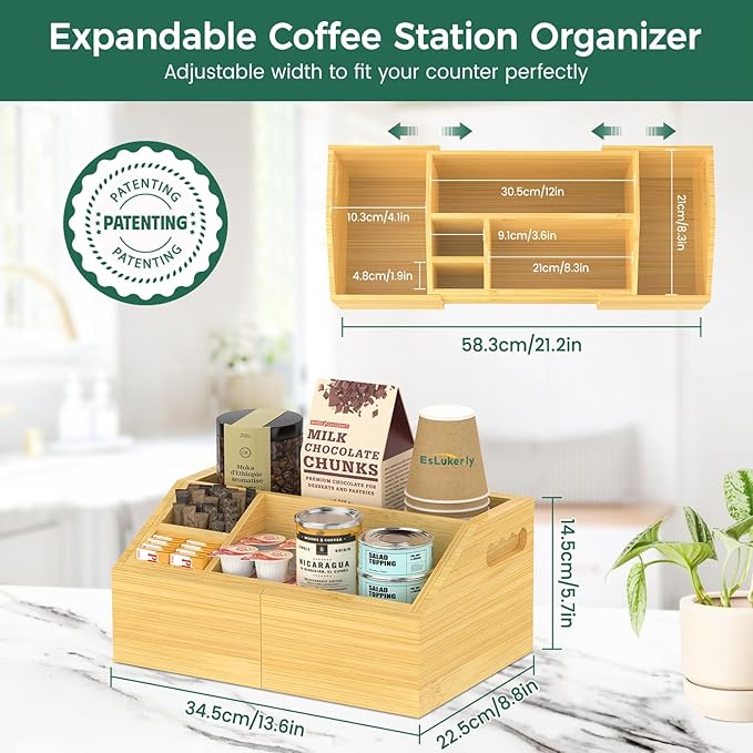 EsLuker.ly Coffee Station Organizer Countertop, Bamboo Extendable Coffee Bar Caddy Condiment Storage, Pods Holder for Home Office, Kitchen Area Nook for Accessories Organizer