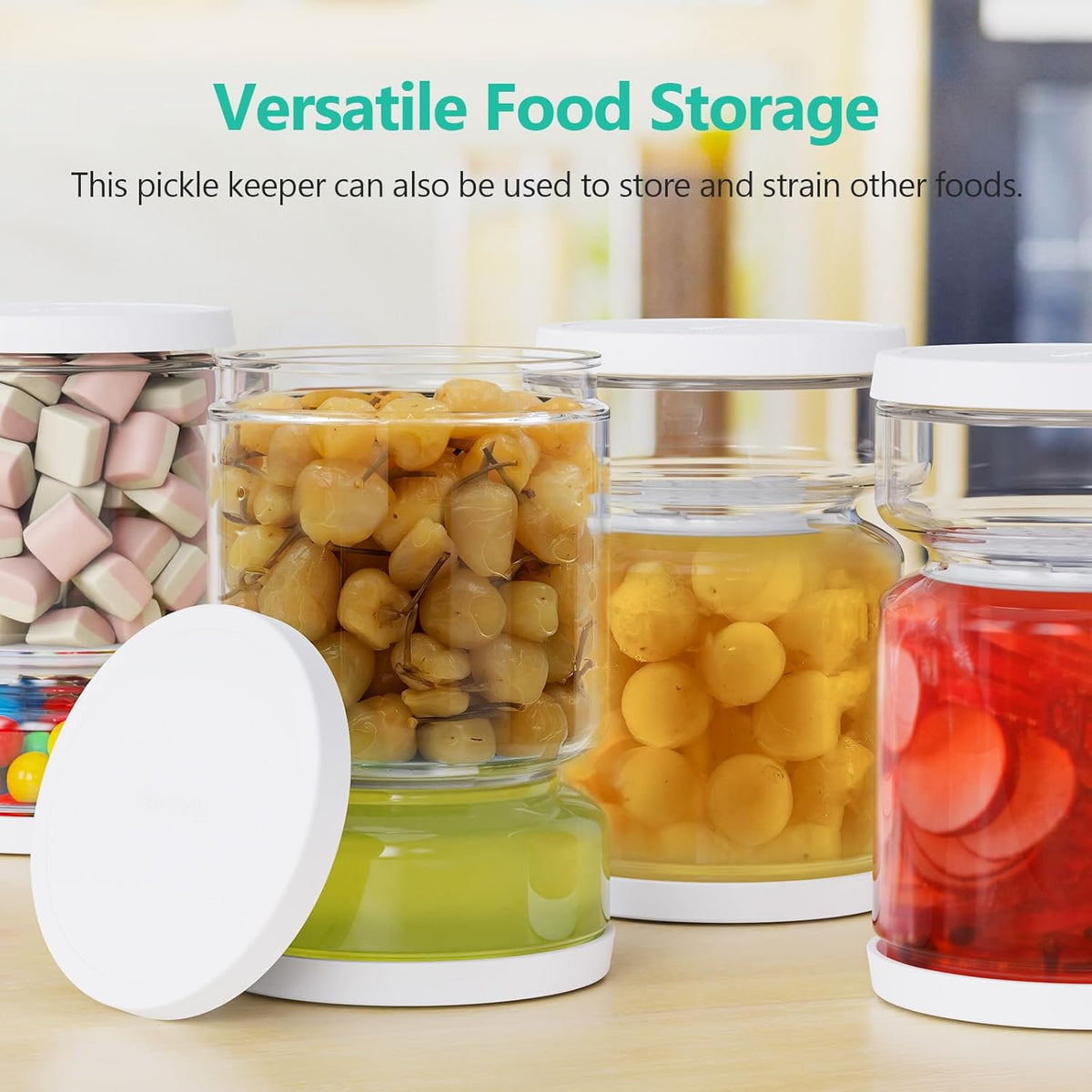 Pickle and Olive Container with Strainer Flip - 50 OZ Airtight Glass Jar for Pickle Lover, Versatile Food Keeper, Kitchen Organization Must-Have, BPA-Free, Dishwasher Safe (White)