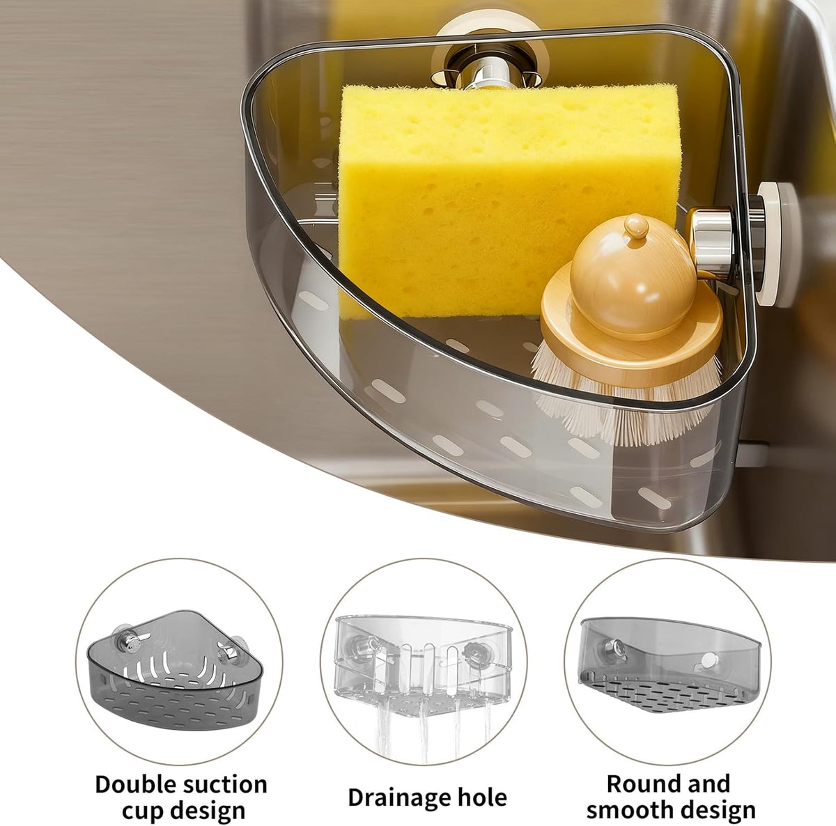 2PCS Suction Cup Sink Corner Rack,2 Size Suction Sinkware Organizer,Triangle Sink Strainer Basket with Drain Hole, Corner Sink Trash Catcher for Leak-Proof Food Waste Catcher for Clean Sink