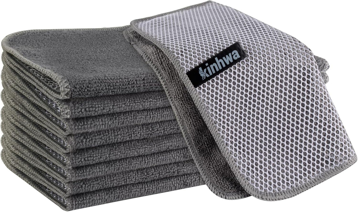 KinHwa Kitchen Washcloths for Dishes Absorbent Microfiber Dish Cloths Quick Dry Dish Rags with Poly Scour Scrub Side Ideal for Kitchen Cleaning (Gray, 10inch X10inch 9Pack)