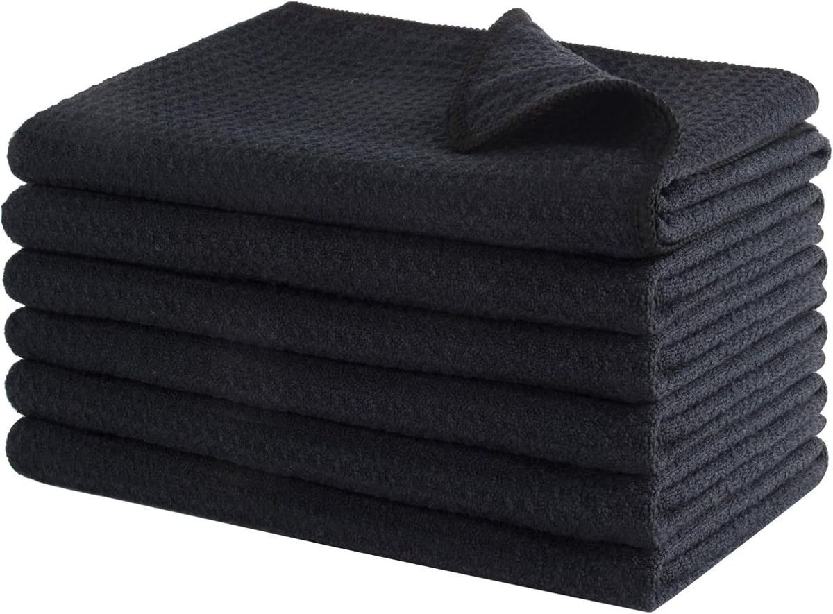 KinHwa Kitchen Washcloths for Dishes Absorbent Microfiber Dish Cloths Quick Dry Dish Rags with Poly Scour Scrub Side Ideal for Kitchen Cleaning (Black-T, 15inchx27inch 6 Pack)