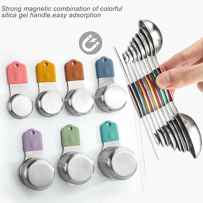 Magnetic Measuring Cups and Spoons Set of 16 Stainless Stee Stackable Nesting 7pcs Measuring Cups 9pcs Measuring Spoons for Dry and Liquid Ingredients