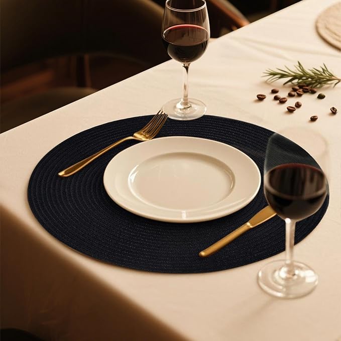 FunWheat Round Braided Placemats Set of 6 Place mats for Dining Tables Woven Heat Resistant Table Mats 15 inch (Black,6pcs)