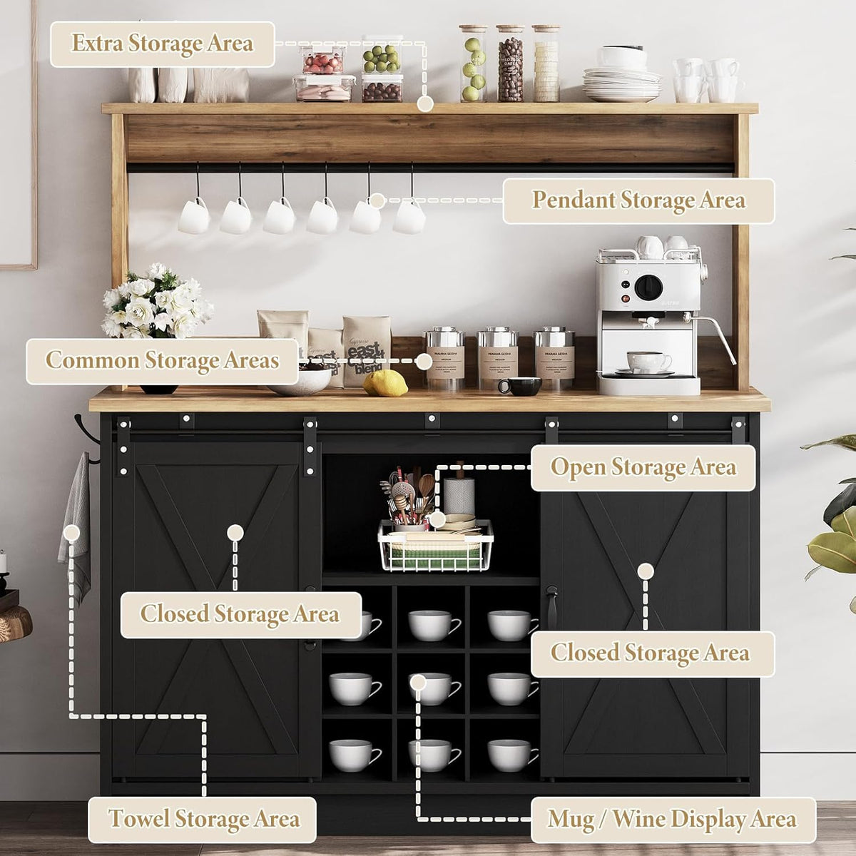 4ever2buy Farmhouse Coffee Bar Cabinet with Storage, 47'' Buffet Cabinet with Hutch and Sliding Barn Door, Coffee Bar with 9 Wine Racks and 6 Hooks for Dining Room, Living Room, Black