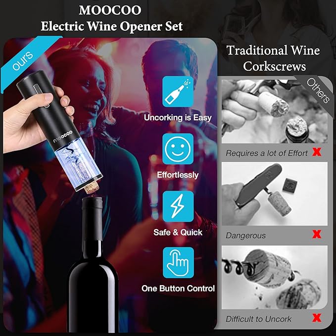 Moocoo Electric Wine Opener with Charging Base, Cordless Electric Wine Bottle Opener with 2-in-1 Aerator &Pourer, Foil Cutter, 2 Vacuum Preservation Stoppers, Display Charging Station for Easy Storage