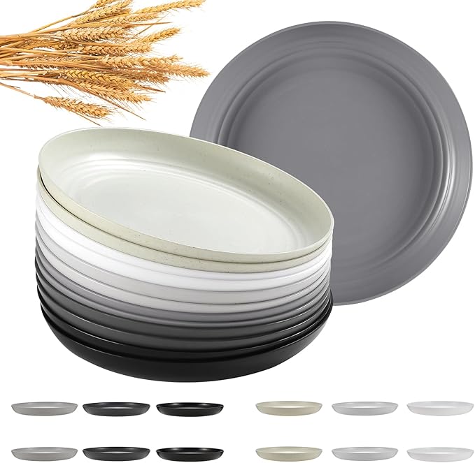 12 Pcs Unbreakable Deep Dinner Plates Set, 9 inch Reusable Plastic Wheat Straw Plates, Microwave and Dishwasher Safe Plate for Kitchen, Lightweight Plate for Dessert, BPA Free, 6 Colors
