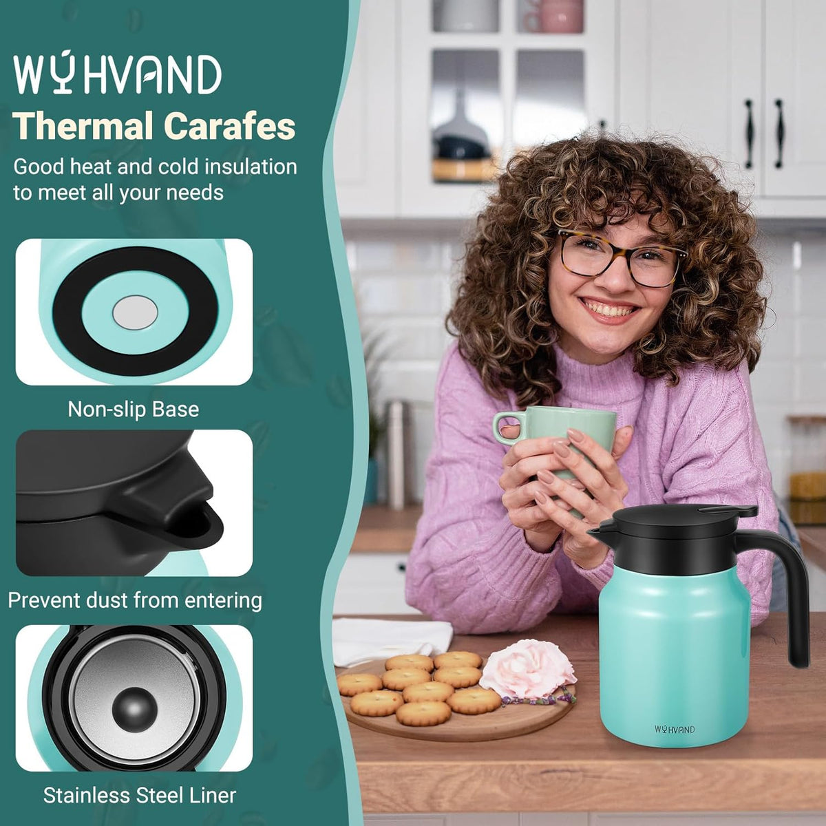 34Oz Thermal Coffee Carafe for Hot/Cold, Stainless Steel Thermos Carafes for Hot Liquids, Dustproof Insulated Hot Water Carafe for Party/Home,Seafoam