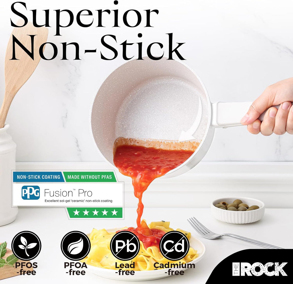 THE ROCK SOHO Ceramic Nonstick Saucepan with Lid, 2 Quarts Non Toxic Small Pot with PPG Fusion Pro Coating–Nothing Sticks, Never Warps, Lasts Longer, Induction Compatible, PTFE, PFOA&PFAS Free, Cream