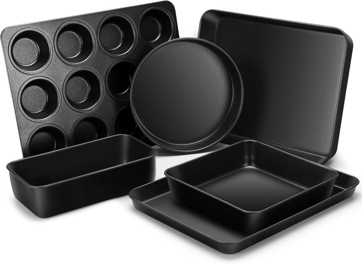 E-far 6-Piece Bakeware Sets, Nonstick Stainless Steel Baking Pans Set - 8x8 Square/Round Cake Pan/Muffin/Loaf Pan/Roasting Tray/Cookie Sheet - for Kitchen Oven Cooking Lasagna Brownie Casserole, Black