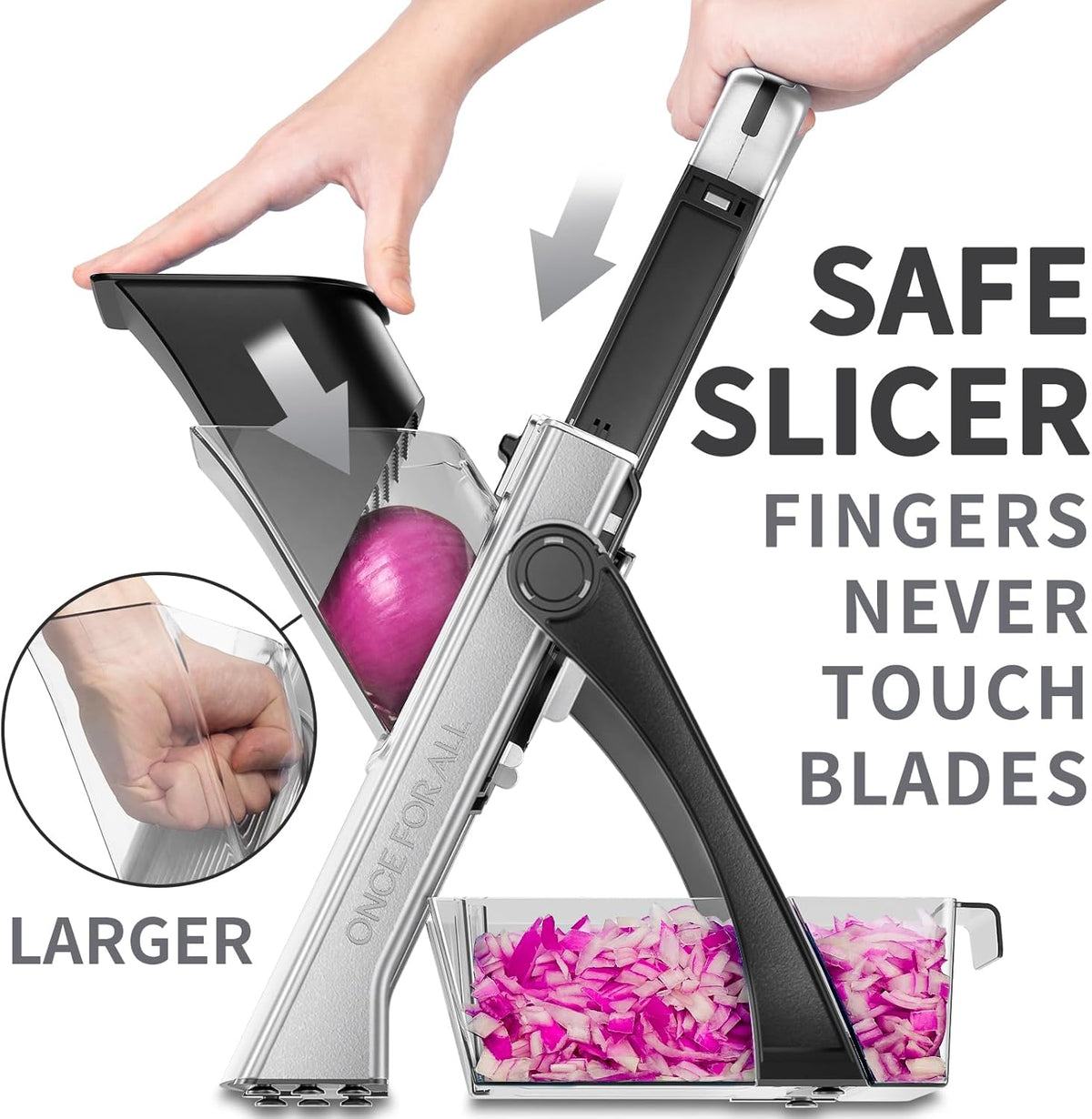 ONCE FOR ALL Upgrade Safe Mandoline Slicer Plus, Biger Size, Adjustable Vegetable Food Chopper Potato Fries Cutter, Detachable Blade, Kitchen Chopping Artifact, Gift (Black)