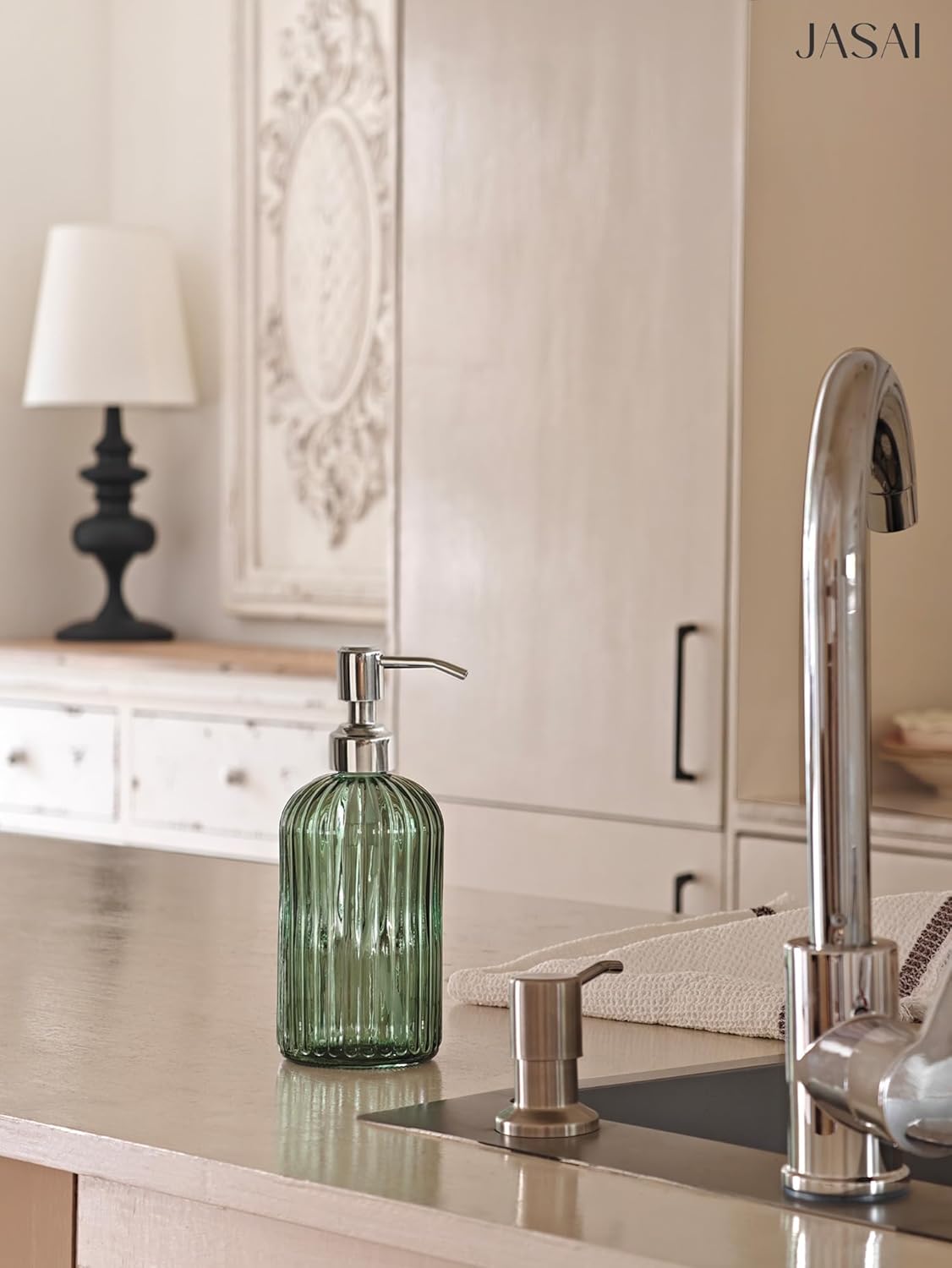 JASAI 18Oz Green Soap Dispenser with Rust Proof Pump, Refillable Bathroom Soap Dispenser with Thick Glass, Kitchen soap Dispenser for Dish soap, Hand Soap, Lotion, Body Wash.