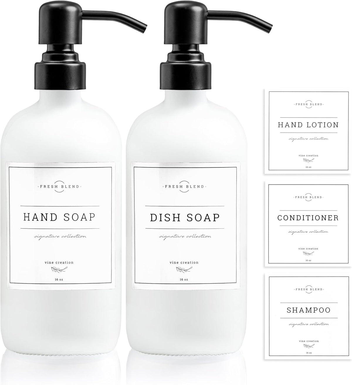 Vine Creations White Glass Soap Dispenser, 2 Pack Kitchen Soap Dispenser Set with Stainless Steel Pump, 16 oz Dish Soap and Hand Soap Dispensers for Bathroom with Waterproof Labels