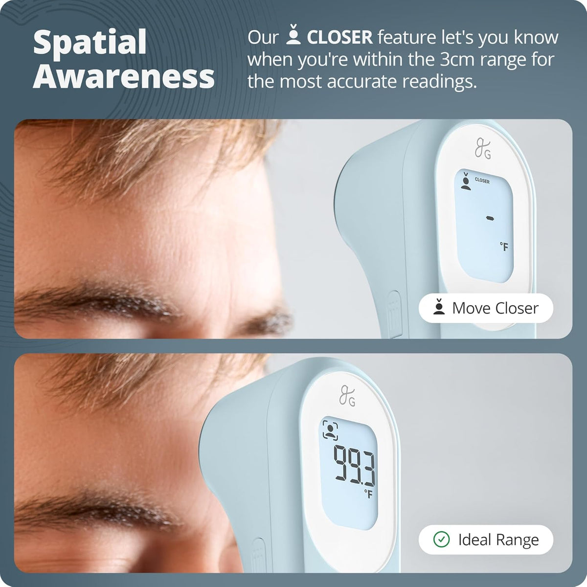 Greater Goods No-Touch Infrared Digital Thermometer for Adults, Kids, and Babies, Forehead Thermometer with Ergonomic Grip, Fever Alarm, Powder Blue