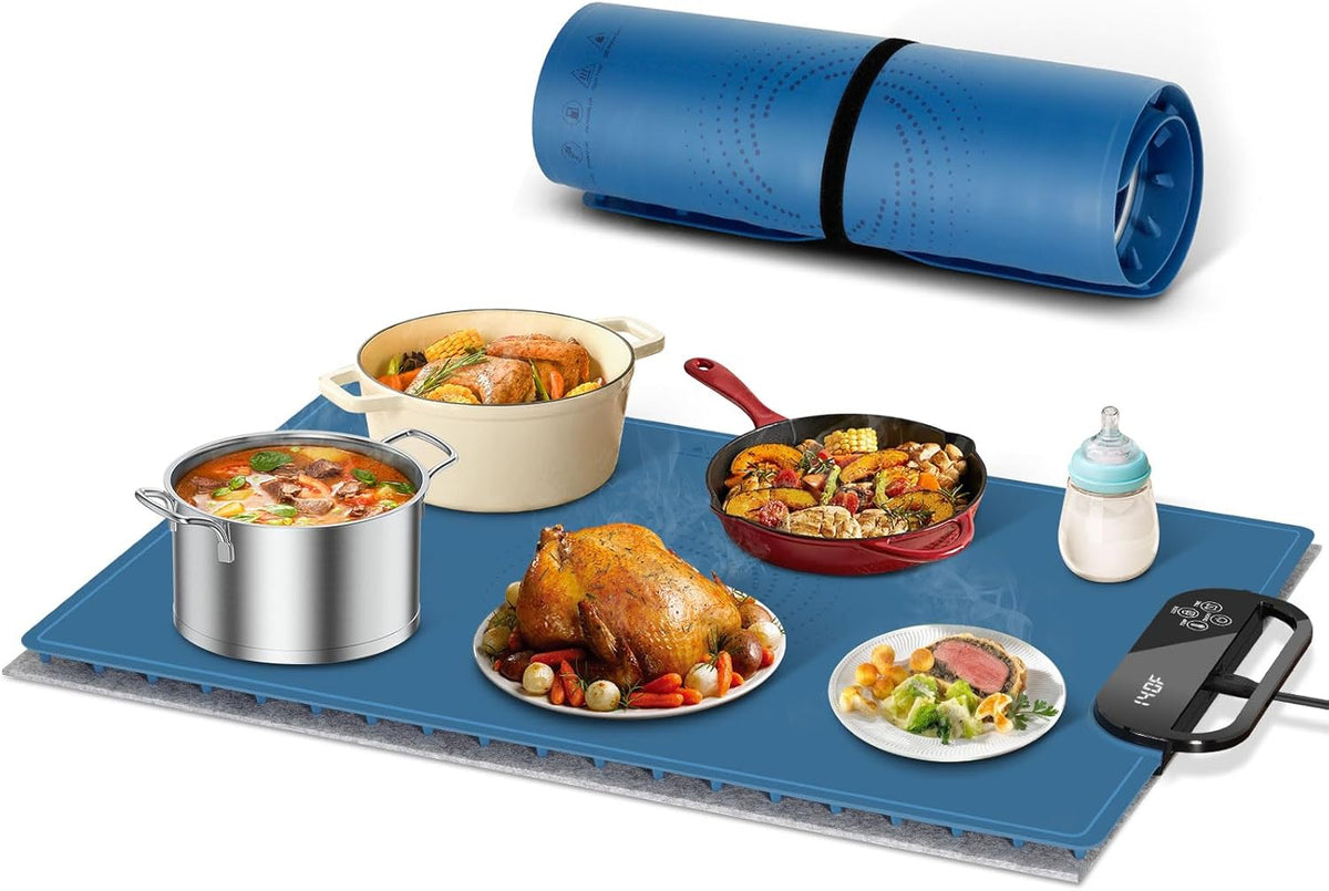 Electric Warming Tray with 7 Adjustable Temperatures, Hanging & Foldable Food Warmer Mat with Child Lock, 11 Timer Settings, Fast Heating Plate for Buffet, Paties, Family Gatherings, Holidays, Blue