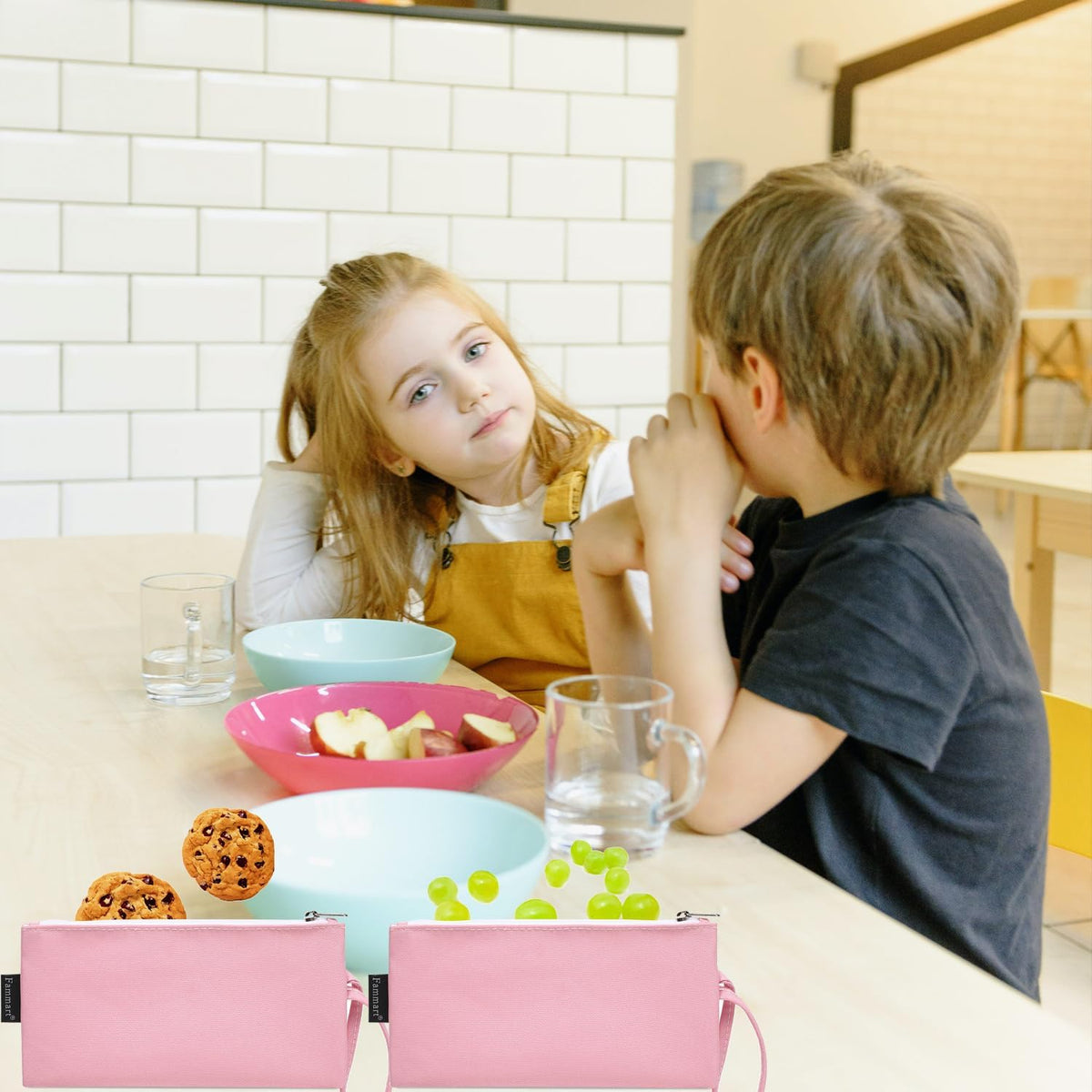 Reusable Sandwich Bag/Snack Bag for Kids & Adults, Dual Layer Lunch Bag with Handle, Washable, Food Safe, BPA Free (2-Pack, Pink)