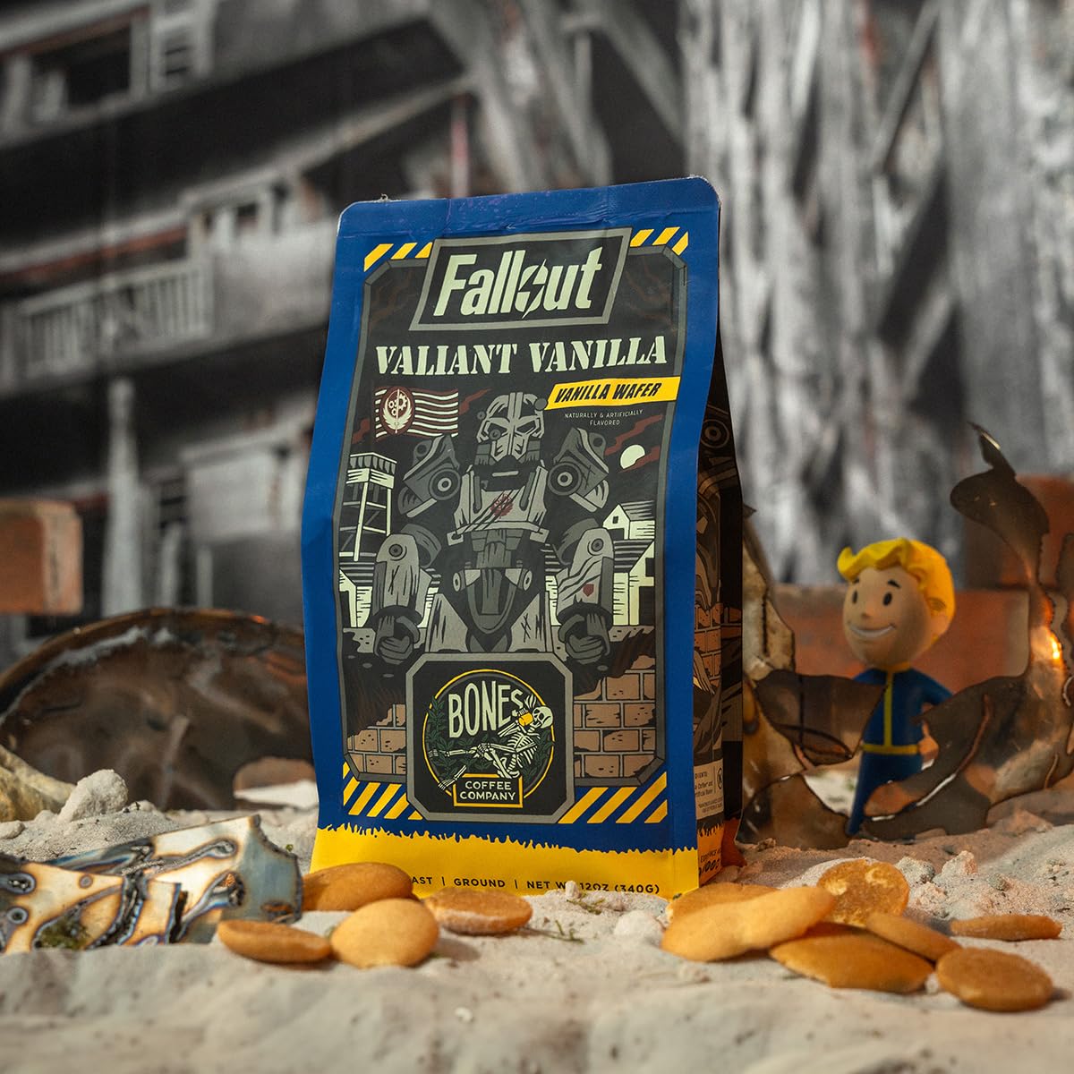 Bones Coffee Company Fallout Valiant Vanilla, Vanilla Wafer Flavored Coffee, Medium Roast Low Acid Arabica Beans Compatible with Auto drip and French Press Coffee Maker, 12 Oz Whole Bean