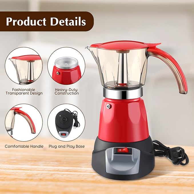 Electric Espresso Maker Transparent Coffee Maker Electric Moka Pot Portable Aluminum Espresso Machine Italian Moka Pot with Detachable Base, Coffee Gift for Women Men Home Travel(Red,6 Cup)