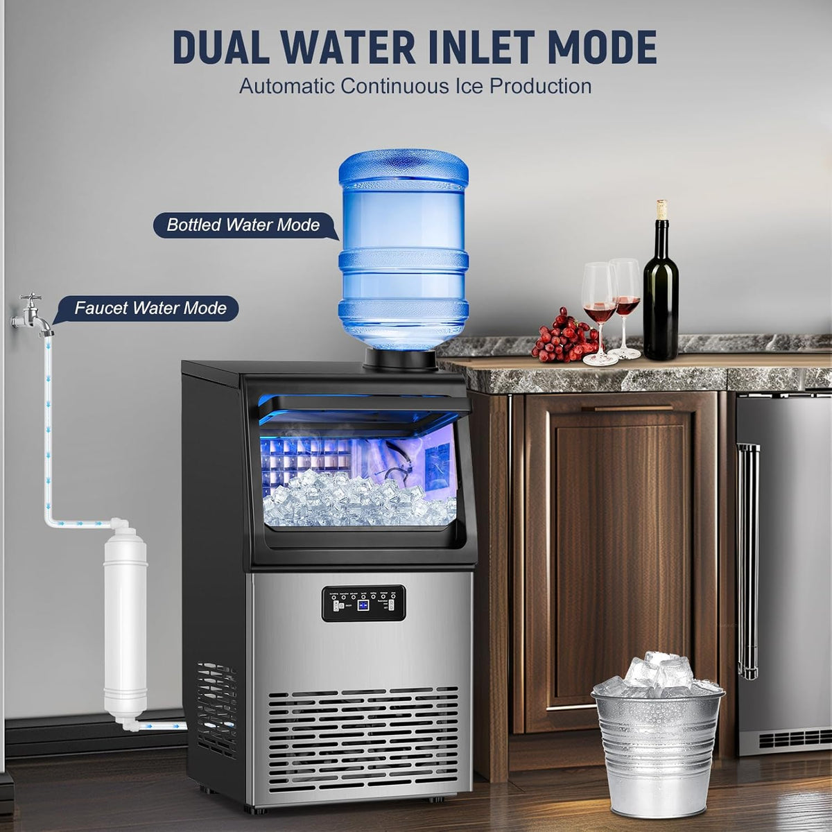 100LBS/24H High Output - Commercial Ice Maker with 20LBS Storage Bin - Dual Water Inlets, 36 Ice Cubes/Cycle, 15" Compact Undercounter/Freestanding Design - Self-Cleaning for Home Bars, Outdoor