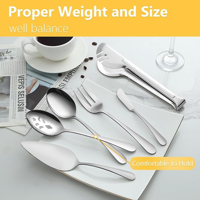 Pleafind 10 PCS Stainless Steel Serving Utensils Set with Spoons, Slotted Spoons, Forks, Tongs, Pie Server and Butter Knife for Parties, Buffet, Banquet