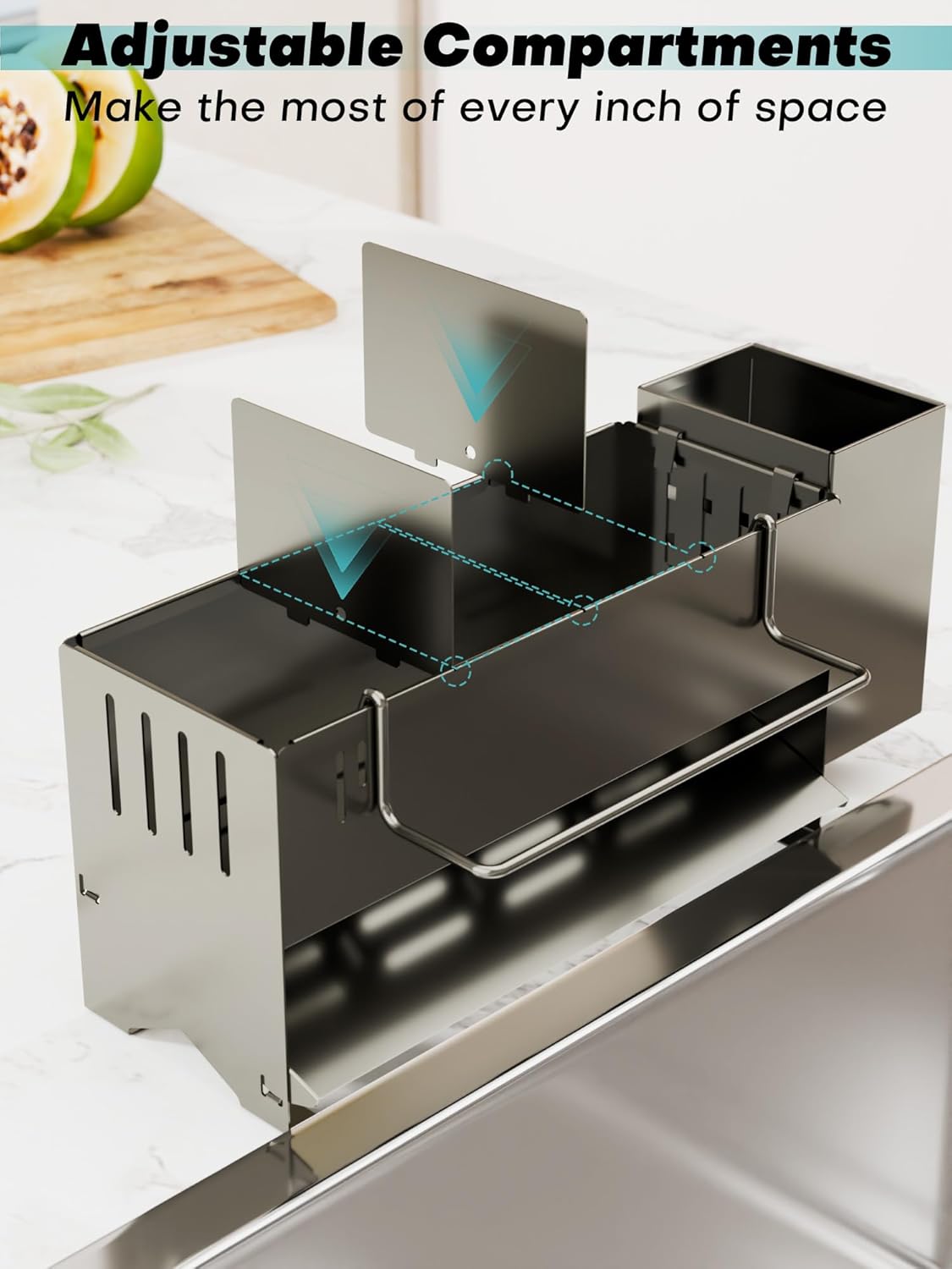 Sponge Holder for Kitchen Sink, Space-Saving Sink Caddy with Brush Holder, Kitchen Countertop Organizers and Storage Essentials