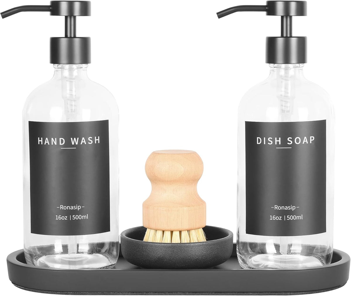 Set of 5 Kitchen Soap Dispenser Set 16 Oz Glass Hand Dish Soap Dispenser with Stainless Steel Pump, Cement Tray, Dish Scrub Brush for Farmhouse Rustic Home Bathroom Decor (Transparency)