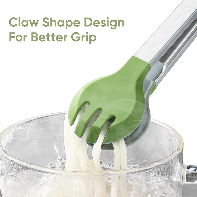 12 Inch Cooking Tongs, 2-in-1 Design with 0.5oz Measure Spoon, Stainless Steel Kitchen Tongs with Silicone Tips, Non-Stick Food Tongs for Cooking, Grilling, BBQ, Salad, Buffet, Serving (12", Green)