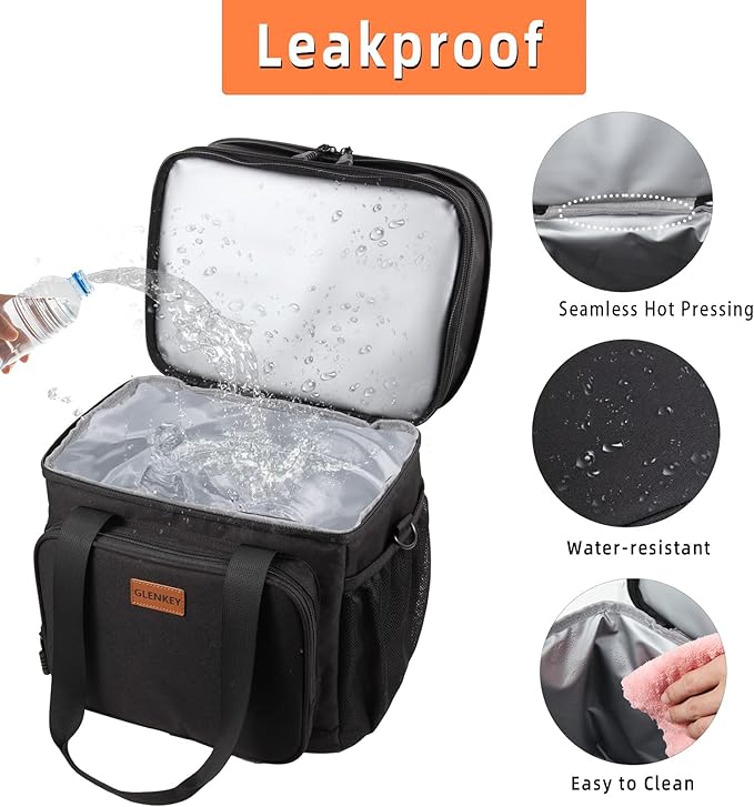 Expandable XLarge Lunch Box, Insulated Heavy Duty Lunch Bag Waterproof Leakproof Durable Cooler Bag for Men Women Adults Work Construction Camping Trip, 22L, Black, GLENKEY