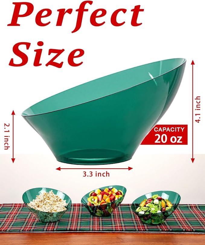 bUCLA 12 Pack Clear Green Plastic Serving Bowls - 20 OZ Christmas Angled Serving Bowls Disposable for Chip, Candy, Salad & Fruit - Ideal for X’mas Party