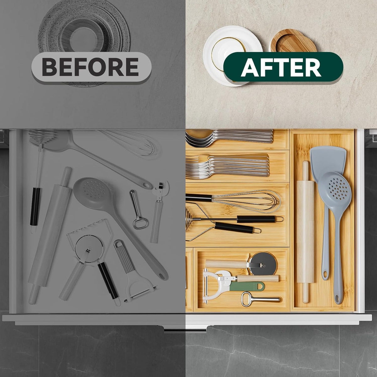 Bamboo Drawer Organizer for Kitchen & Bath, Extra Large Stackable Tray for Silverware, Toiletries & Utensils, 2 Pcs, 17" x 6" x 2" (Outer), 16.3" x 5.3" x 1.77" (Inner)