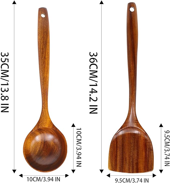 FJNATINH Wooden Wok Spatula Ladle Tool Set, 14-inch Long Handle Teak Wok Spatula
