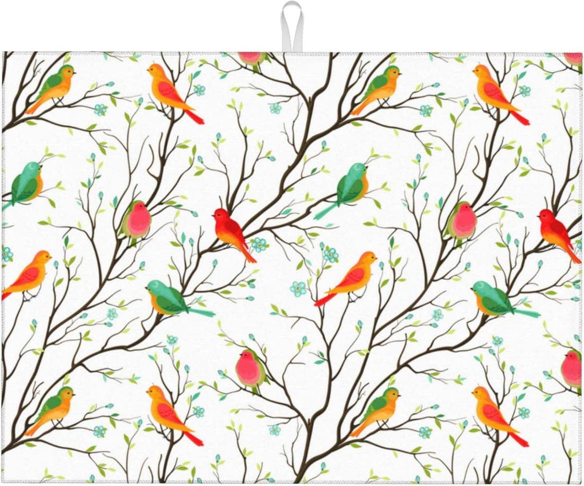 Cute Birds Kitchen Drying Mat Birds on Tree Microfiber Dish Drainer Mat for Kitchen Counter Absorbent Reusable Washable 18x24 Inch
