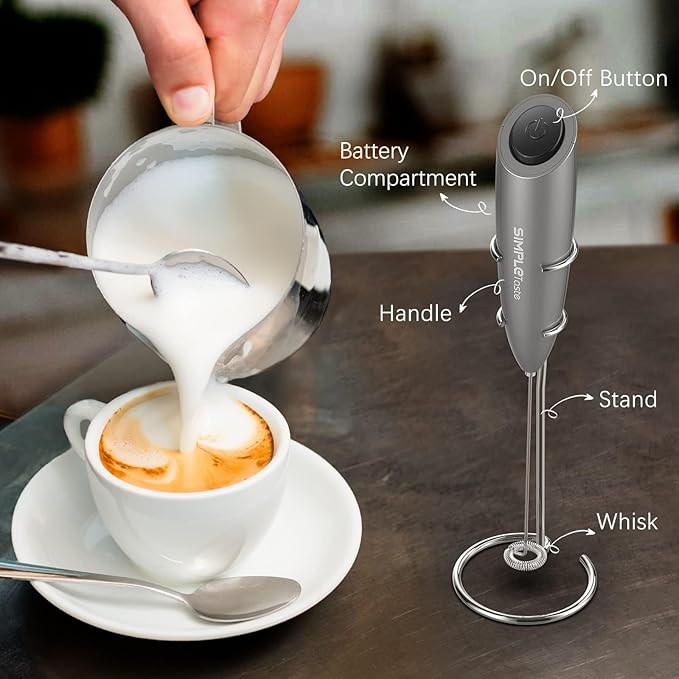 SIMPLETASTE Milk Frother Handheld Electric Foam Maker, Drink Mixer with Stainless Steel Whisk for Cappuccino, Bulletproof Coffee, Latte, Gray, with Stand, Battery Operated