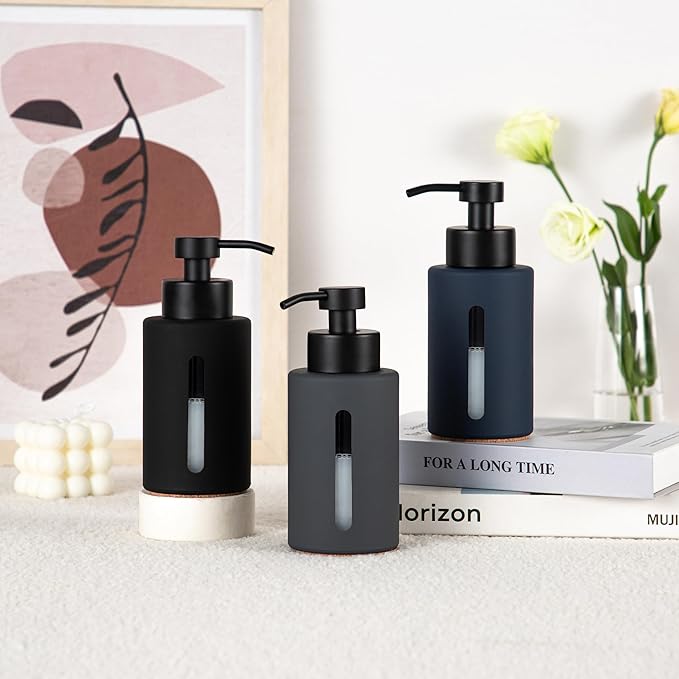 Enra Glass Hand Soap Dispenser,12oz Navy Blue Liquid Bathroom Soap Dispenser with Stainless Steel Lotion Pump for Bathroom Kitchen (Blue)