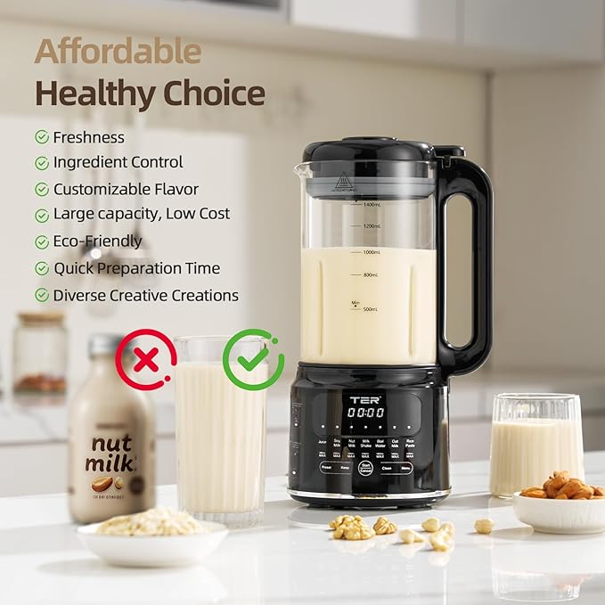 50OZ Nut Milk Maker Machine, TER 10-in-1 Soy Milk Maker for Almond/Oat/Soy Milk, Juice, Milkshake, Rice Paste, Auto Clean/24H Preset Time/12H Keep Warm, with 7 Accessories, Black