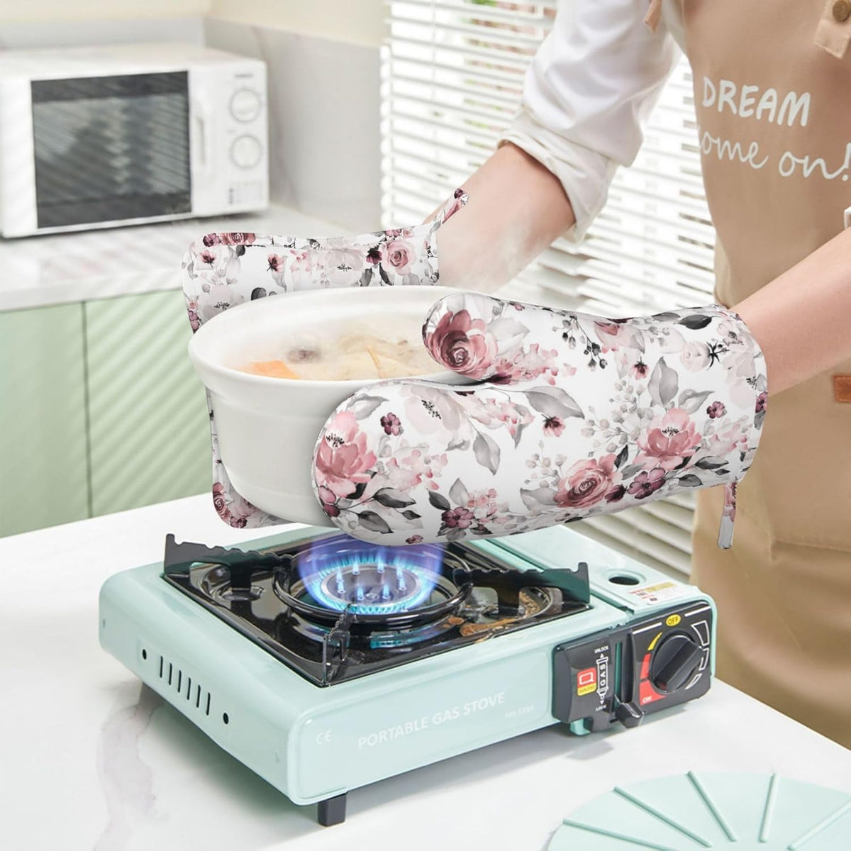 Tea Rose Oven Mitts and Pot Holders Set of 4 Silicone Watercolor Flowers Kitchen Mitten Gloves and Non-Slip Potholders Set Heat Resistant Oven Gloves Hot Holders for Kitchen