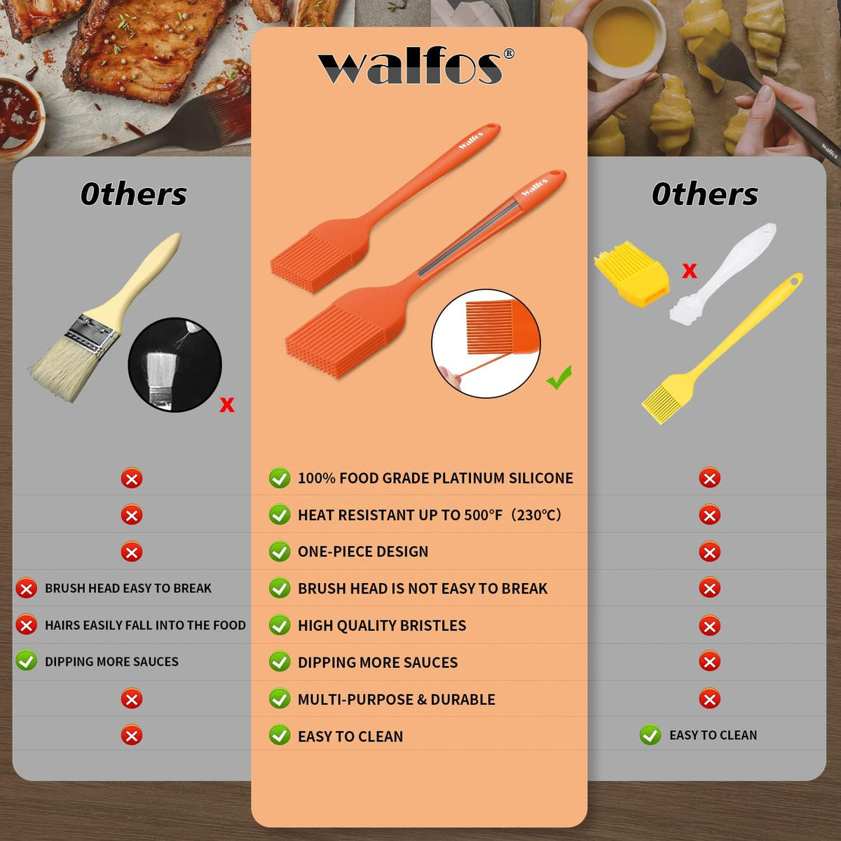 Walfos Silicone Basting Pastry Brush, Heat Resistant Pastry Brush Set, Strong Steel Core and One-Pieces Design, Perfect for BBQ Grill Kitchen Cooking, BPA Free and Dishwasher safe, 2 Pcs (orange)