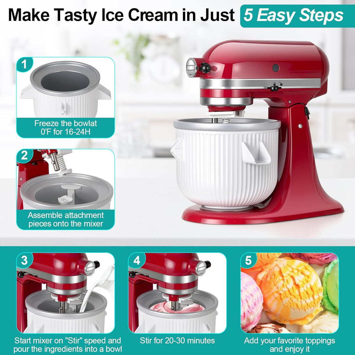 Ice Cream Maker Attachment for KitchenAid Stand Mixer, Ice Cream Bowl Compatible with 4.5Qt and Larger Stand Mixers, Ice Cream & Sorbet Gelato Maker Attachment, 2 Quart, White XTMZ