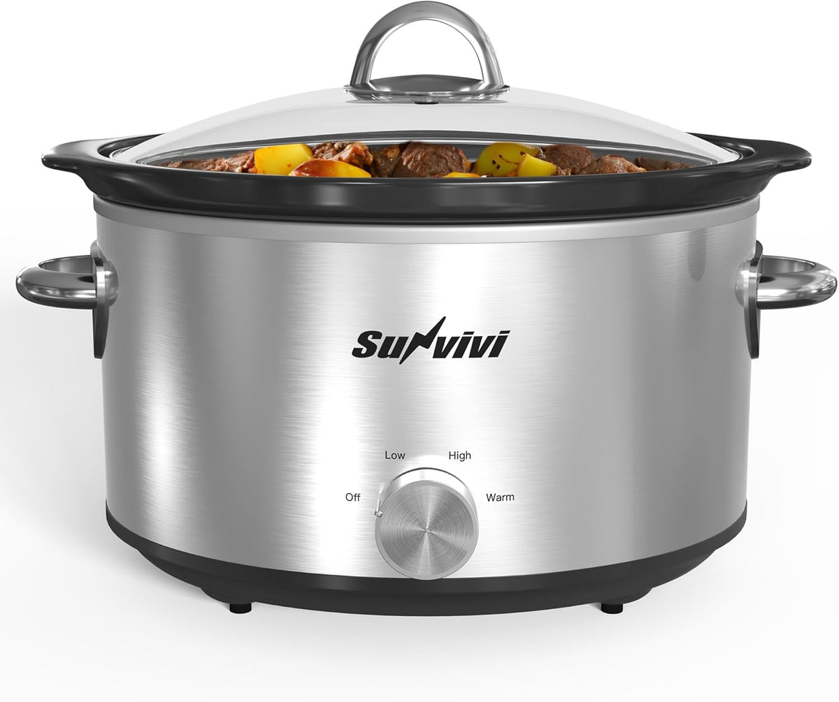 Sunvivi Small Slow Cooker 4QT, Mini Food Warmer with 3 Heating Settings, Removable Ceramic Pot, Dishwasher Safe Glass Lid, Stainless Steel, Silver