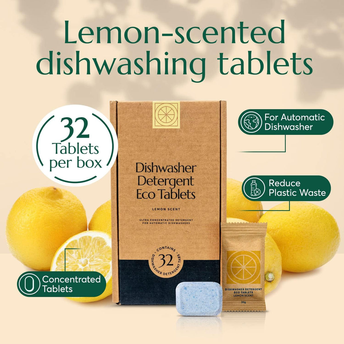CLEANOMIC Dishwasher Pods (32 Eco Tabs) Soap Detergent, No Harsh Ingredients, Individually Wrapped - Lemon Fresh