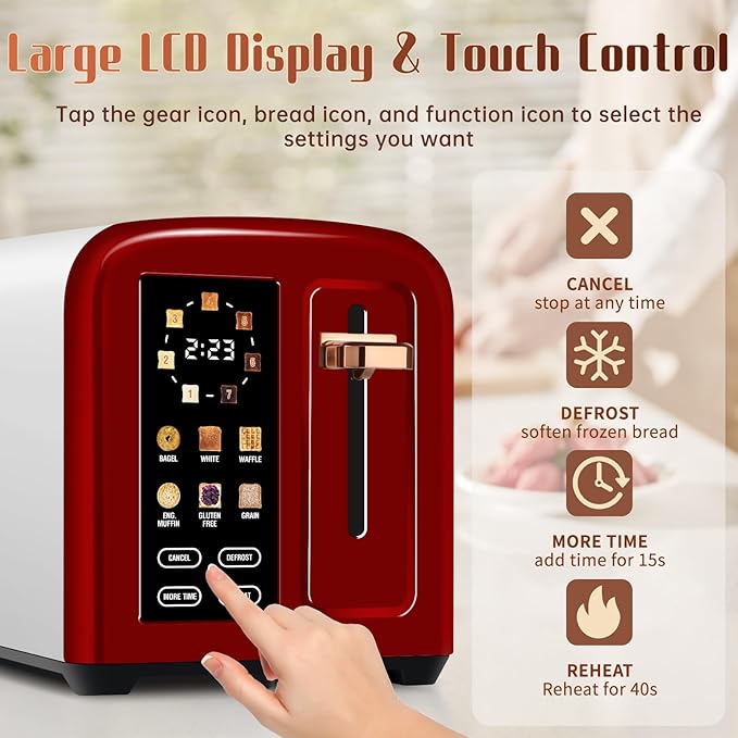 SEEDEEM Toaster 2 Slice with Touch Screen, Faster Heating Speed, 7 Shade Setting, 6 Bread Type, 1.5”Wide Slots Toaster, Removable Crumb Tray, 1350W, Dark Cherry