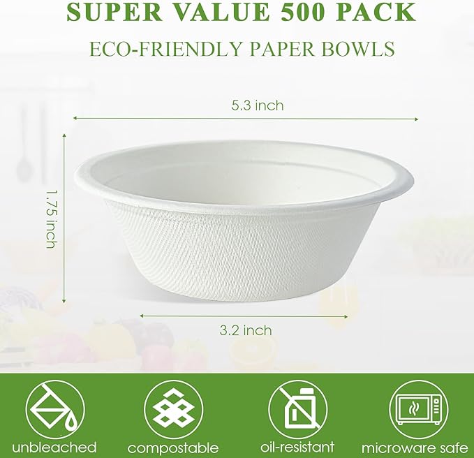 Vplus 500 Pack 12 OZ Paper Bowls Bulk, Disposable Compostable, Eco-friendly Bagasse, Heavy-duty Bowls Perfect for Milk Cereals, Snacks, Salads