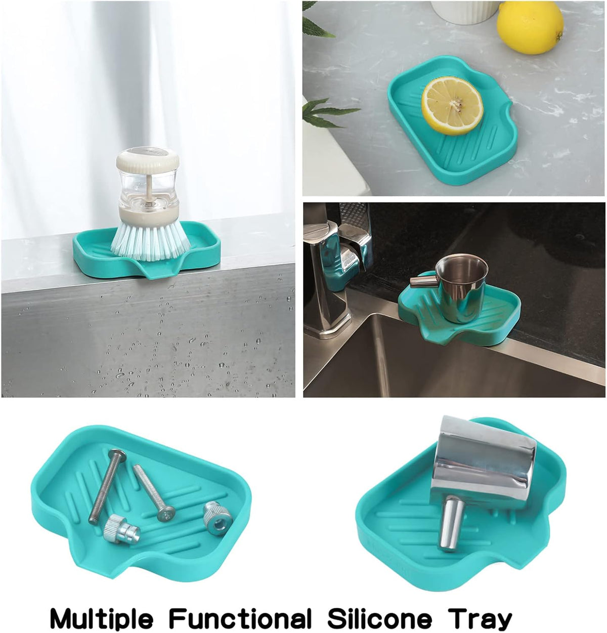 Silicone Bathroom Soap Dishes with Drain Spout-Bathroom and Kitchen Sink Organizer,Sponge Holder,Dish Soap Tray,Perfect for Dispenser,Scrubber,Bottle,Cup on Sink or Counter-Mint 4.9"×3.2"