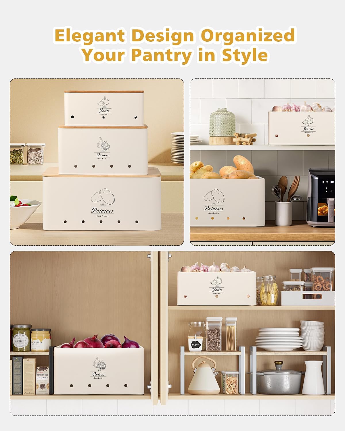 Kitchen Vegetable Storage Tins Set of 3 for Potatoes, Onion, Garlic, Vegetable Storage Containers with Ventilation and Bamboo cover, White metal material, Potato and Onion bin for Pantry