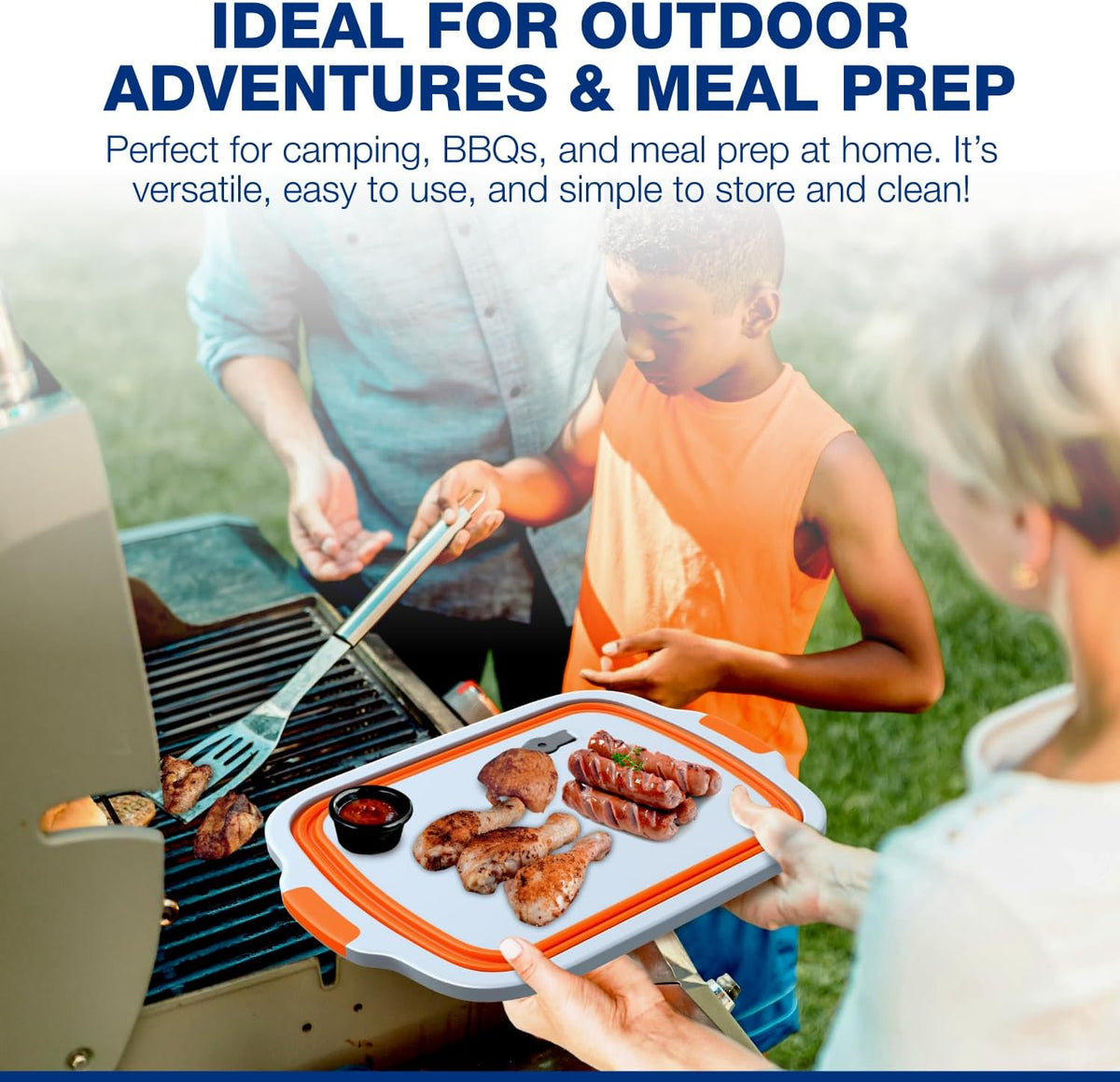 2-Pack XL Collapsible BBQ Prep Tub with Built-In Cutting Board, Lid & Strainer – Marinate, Drain & Prep – Large Food-Safe Container – Perfect for Grilling, Smoking & Outdoor Cooking