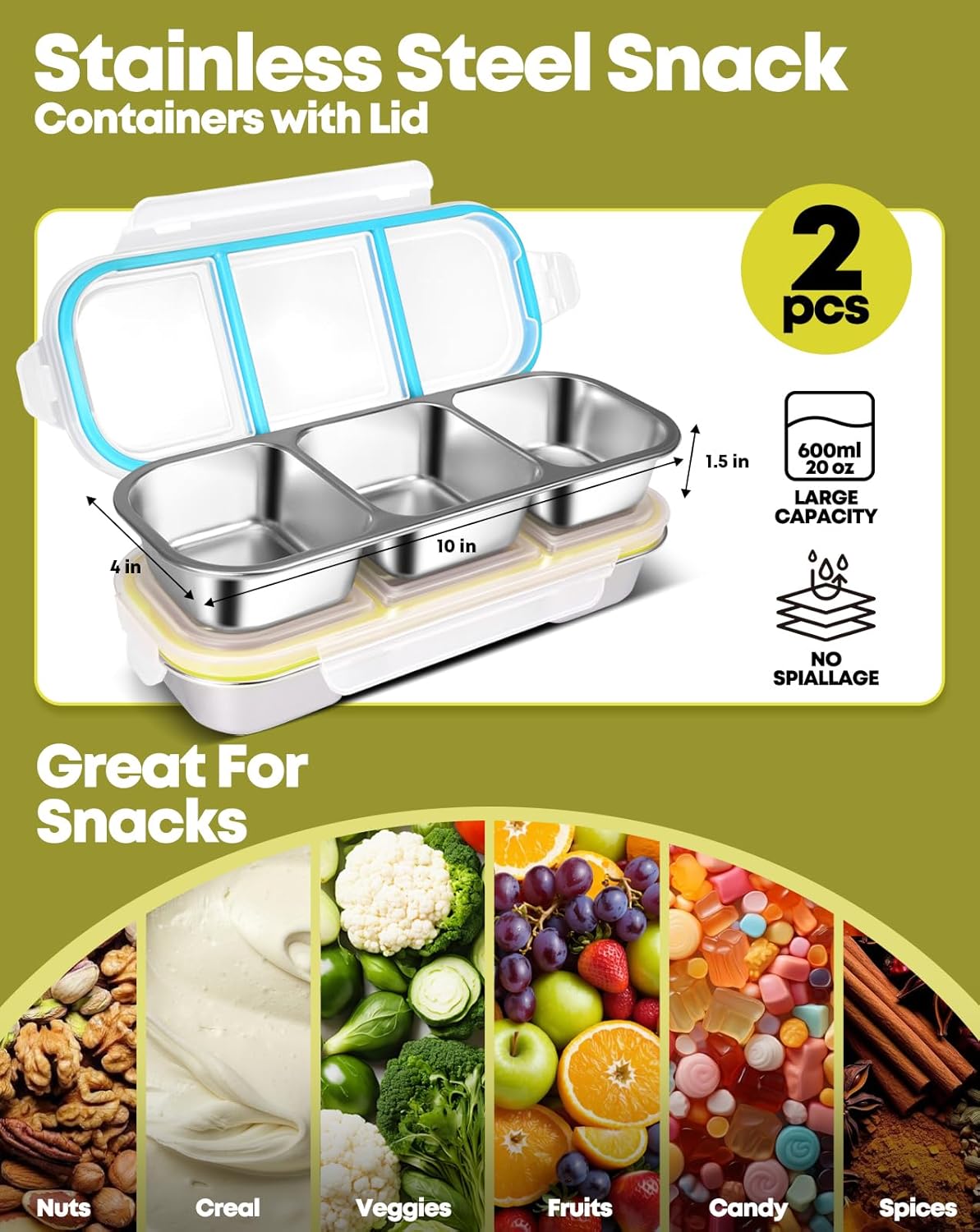 2Pack Stainless Steel Snack Containers for Kids Adults, Reusable 3 Compartment Snackle Box Container with Leakproof Lids Metal Bento Lunch Boxs Food Storage Containers for Travel Picnics Office School