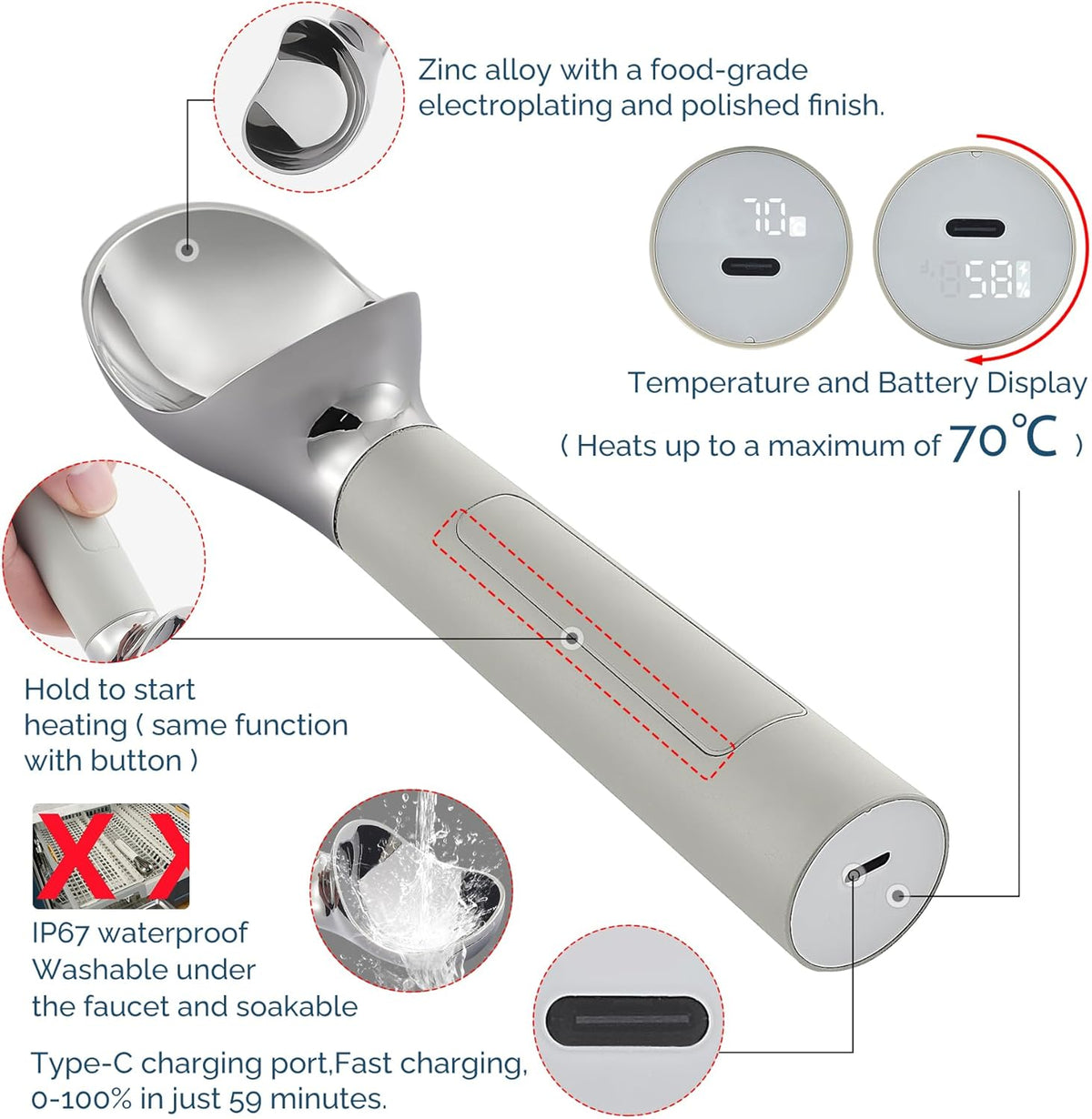 Heated Ice Cream Scoop Rechargeable, Electric Warming Ice Cream Scooper with LED Display, Heats to 158°F for Hard Ice Cream, Easy for Seniors & Kids, IP67 Waterproof (Grey, 2 oz)