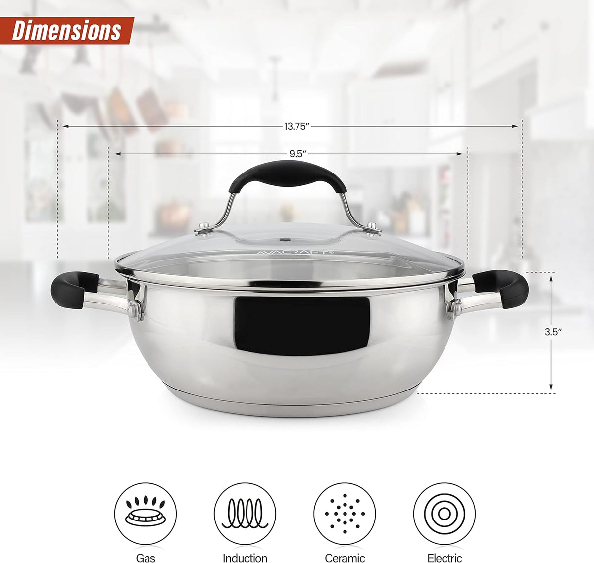 AVACRAFT 18/10 Stainless Steel Everyday Pan, Stir Fry Pan with Five-Ply Base, Chef’s Pan with Glass Lid, Multipurpose Stewpot Skillet, Saute Pan, Casserole in Pots and Pans (9 Inch)