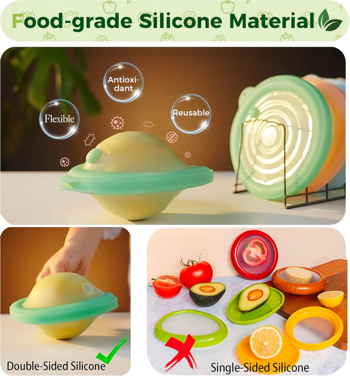 Silicone Reusable Vacuum-Seal Storage Containers for Fridge,Fresh Fruit,Vegetables,Garlic,Onions,Lemons,Potatoes,Meat,for Microwave Oven Heating,Freezer,Dishwasher,Avocado Saver,Tomato Holder,4 Pack